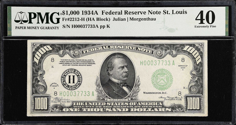 Fr. 2212-H. 1934A $1000 Federal Reserve Note. St. Louis. PMG Extremely Fine 40....