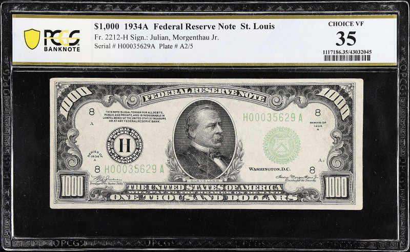 Fr. 2212-H. 1934A $1000 Federal Reserve Note. St. Louis. PCGS Banknote Choice Ve...