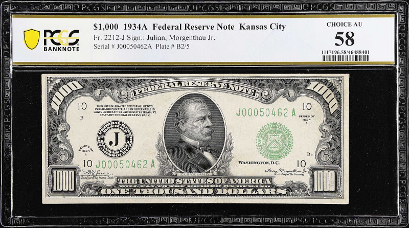 Fr. 2212-J. 1934A $1000 Federal Reserve Note. Kansas City. PCGS Banknote Choice ...