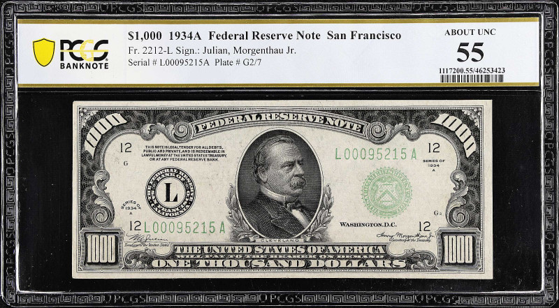 Fr. 2212-L. 1934A $1000 Federal Reserve Note. San Francisco. PCGS Banknote About...