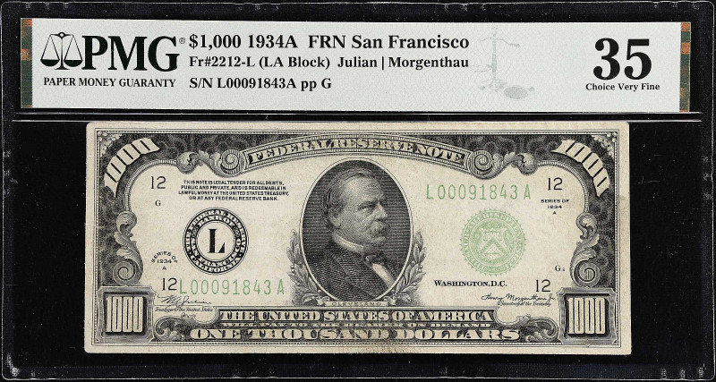 Fr. 2212-L. 1934A $1000 Federal Reserve Note. San Francisco. PMG Choice Very Fin...