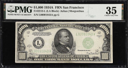 Fr. 2212-L. 1934A $1000 Federal Reserve Note. San Francisco. PMG Choice Very Fine 35.

Estimate: $3300.00- $3800.00