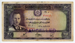 Afghanistan 20 Afghanis 1939 AH 1318
P# 24a, N# 216059; # 211589; Overprint: "CANCELLED", King Muhammad Zahir; VF