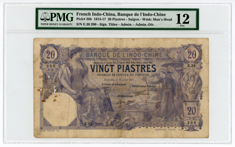 French Indochina 20 Piastres 1913 - 1917 PMG 12
P# 38b, N# 292230; # E.38 206; ...