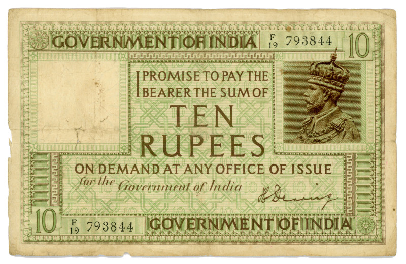 British India 10 Rupees 1917 - 1930 (ND)
P# 6, N# 215365; # F/19 793844; VG-F