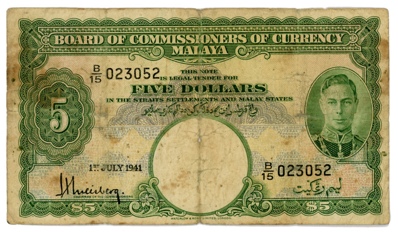 Malaya 5 Dollars 1941 (1945)
P# 12, N# 214604; # B/15 023052; F