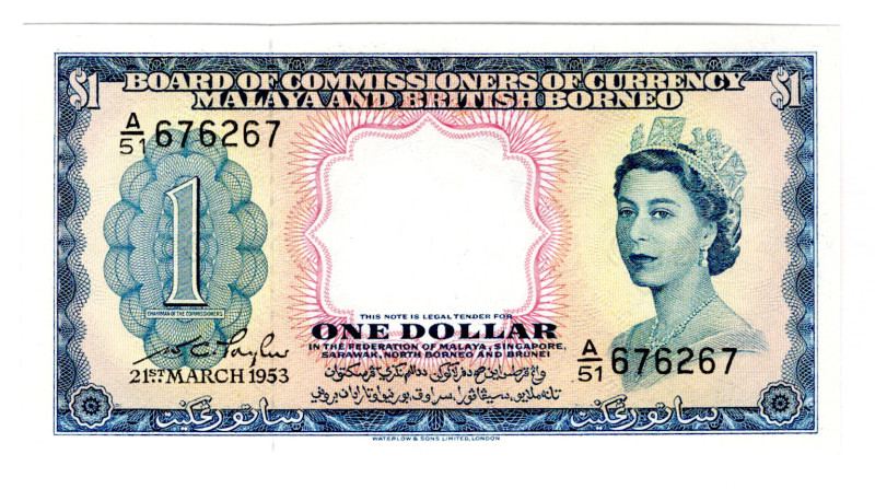 Malaya and British Borneo 1 Dollar 1953
P# 1, N# 214916; # A/51 676267; Rare co...