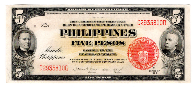 Philippines 5 Pesos 1936
P# 83a, N# 237938; # D2935810D; UNC