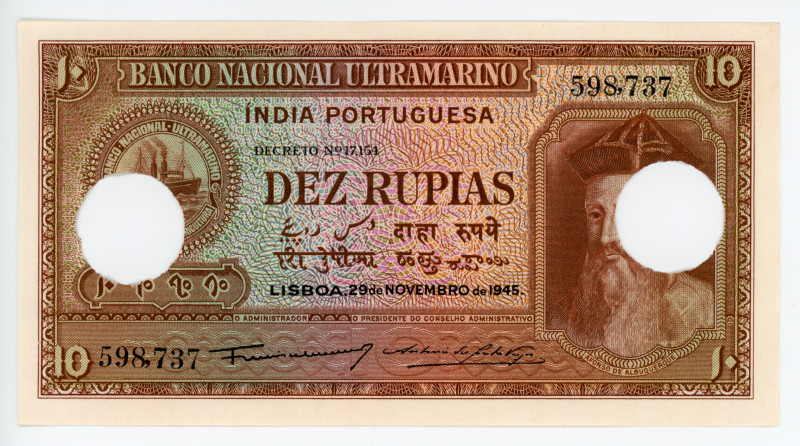 Portuguese India 10 Rupias 1945 Cancelled Note
P# 36, N# 215921; # 598737; UNC