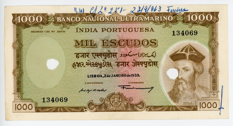 Portuguese India 1000 Escudos 1959 Cancelled Note
P# 46, N# 215823; # 134069; X...