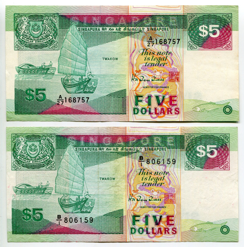 Singapore 2 x 5 Dollars 1989 - 1997 (ND)
P# 19, 35, AUNC