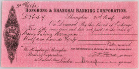 China Hongkong & Shanghai Banking Corporation HSBC Bill of Exchange Shanghai for 36.16.7 Pounds 1910
# 46/4562; Bill of Exchange on pink paper signed...