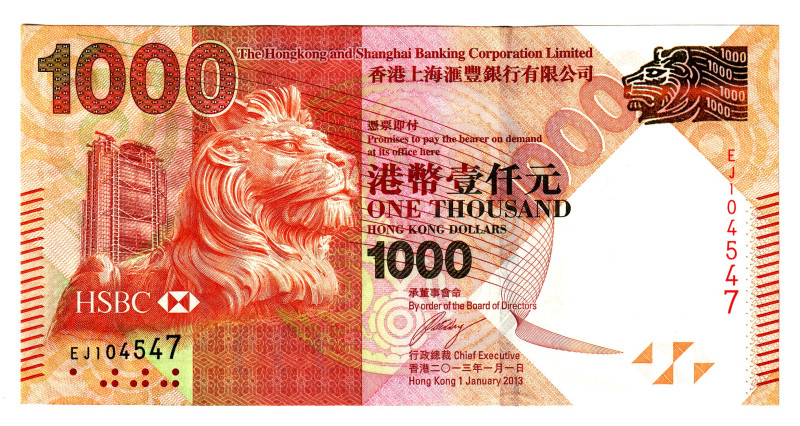 Hong Kong 1000 Dollars 2013
P# 216c, N# 231368; # EJ104547; UNC