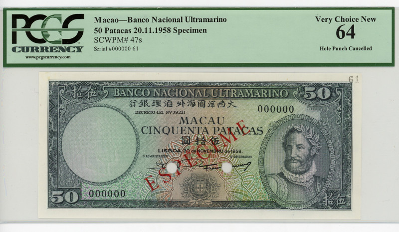 Macao 50 Patacas 1958 PCGS 64 Specimen
P# 47s, N# 267592; # 000000; UNC