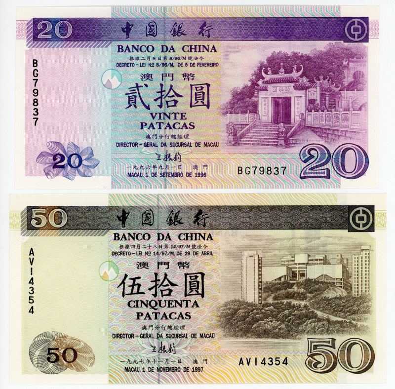 Macao 20 & 50 Patacas 1996 -1997
P# 91, 92, # AV14354, BG79837; UNC