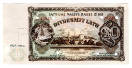 Latvia 20 Latu 1936 Specimen
P# 30bs, # 15935; Perfored PARAUGS; AUNC