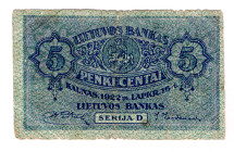 Lithuania 5 Centai 1922
P# 9, N# 204386; F-VF