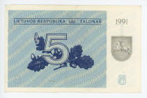 Lithuania 5 Talonas 1991
P# 34a, N# 222656; # CO 032809; Without Text; AUNC