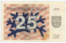 Lithuania 25 Talonas 1991
P# 36a, N# 210572; # AA 031483; VF-XF with graffiti