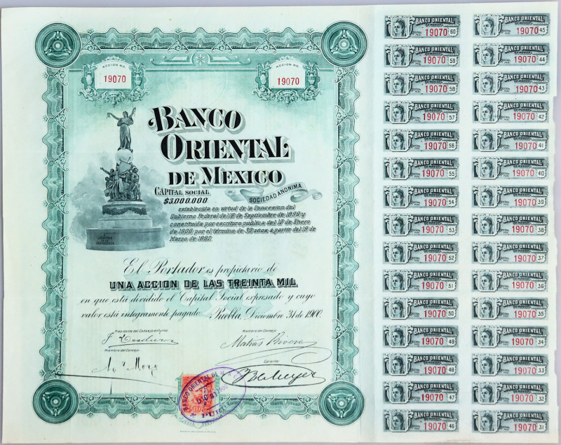 Mexico Banco Oriental de Mexico Puebla $100 share 1900
Capital 3,000,000$; smal...