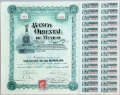 Mexico Banco Oriental de Mexico Puebla $100 share 1900
Capital 3,000,000$; small vignette and ornate border, green and black, with rest of coupons. T...