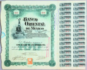 Mexico Banco Oriental de Mexico Puebla $100 share 1905
Capital 6,000,000$; small vignette and ornate border, green and black, with rest of coupons. T...