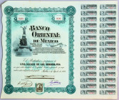 Mexico Banco Oriental de Mexico Puebla $100 share 1909
Capital 8,000,000$; small vignette and ornate border, green and black, with rest of coupons. T...