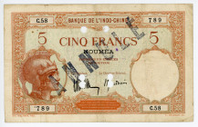 New Caledonia 5 Francs 1926 (ND) Specimen
P# 36s, N# 216078; # C.58 789; Noumea; Black stamp "Annulé" diagonally which means "canceled" at the front ...