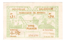 New Caledonia 5 Francs 1943
P# 58, N# 294140; # 258490; VF