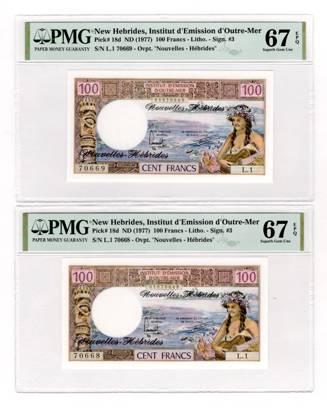 New Hebrides 2 x 100 Francs 1977 (ND) PMG 67 EPQ Consecutive
P# 18d, # 01070668...