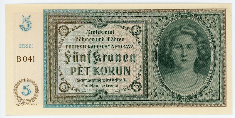 Bohemia & Moravia 5 Korun 1940 (ND) Specimen
P# 4s, N# 207302; # B 041; Perfora...