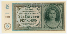 Bohemia & Moravia 5 Korun 1940 (ND) Specimen
P# 4s, N# 207302; # B 041; Perforated: SPECIMEN; UNC