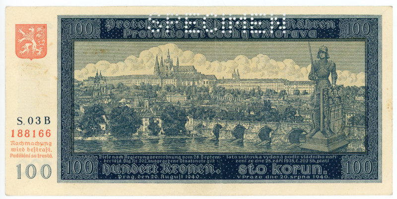 Bohemia & Moravia 100 Korun 1940 Specimen
P# 6s, N# 204545; # S.03B 188166; Per...