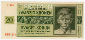 Bohemia & Moravia 20 Korun 1944 Specimen
P# 9s, N# 207306; # S. 33A 355184; Perforated: SPECIMEN; UNC