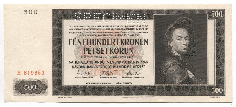 Bohemia & Moravia 500 Korun 1942 Specimen
P# 11s, N# 205204; # H 619553; AUNC-U...