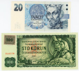 Czech Republic 20 & 100 Korun 1993 - 1994
P# 1, 10a, # G82 546779, A21 080655; 100 Korun 1961 with Stamp on Obv (UNC); 20 Korun 1994 (XF); XF-UNC