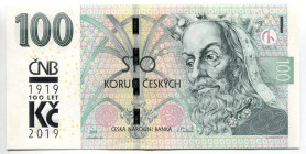Czech Republic 100 Korun 2019 100 Years of Czechoslovak Currency
P# 28a, N# 294687; # M20 006150; 100 Years of Czechoslovak Currency; UNC