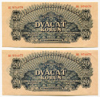 Czechoslovakia 2 x 20 Korun 1944 Specimen With Consecutive Numbers
P# 47s, N# 229933; # BE 974977 - BE 974978; Perforated Specimen; UNC