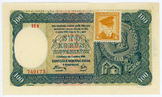 Czechoslovakia 100 Korun 1940 (1945) (ND) Specimen
P# 52, # H8 749173; II.Emisia (2nd emision); Perforated: SPECIMEN; Yellow K adhesive stamp on Slov...