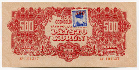 Czechoslovakia 500 Korun 1944 Specimen
P# 55s, N# 285789; # AY 191337; Perforated Specimen; Adhesive stamp "CESKOSLOVENSKO" , letter E and number 500...