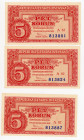 Czechoslovakia 3 x 5 Korun 1949
P# 68a, # A 82; Close numbers; UNC