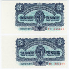 Czechoslovakia 2 x 3 Koruny 1961
P# 81a, N# 207313; # VU 185783, TE 223296; UNC