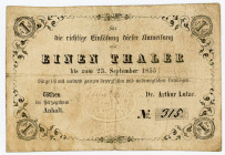 German States Anhalt-Kothen 1 Thaler 1854 Dr. Arthur Lutze
P# A545, Grabowski/Kranz 23; # 315; Dr. Arthur Lutze; Valid until 23.09.1855; VF-