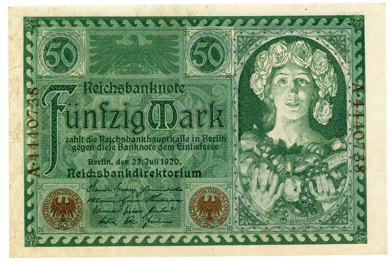 Germany - Weimar Republic 50 Mark 1920
P# 68, N# 208616; # W RBD A 4440738; AUN...