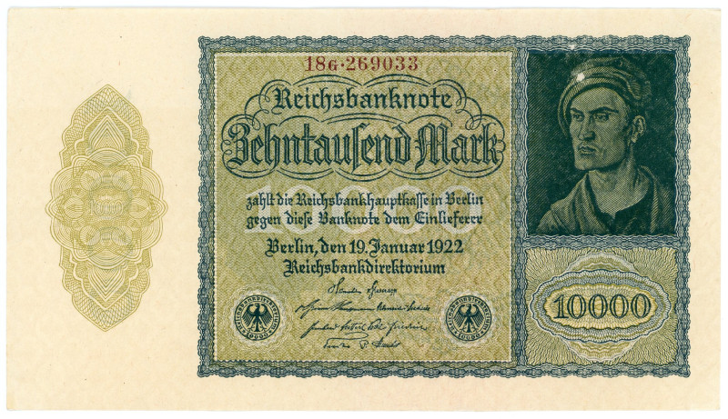 Germany - Weimar Republic 10000 Mark 1922
P# 72, N# 208632; # 18G 269033; XF