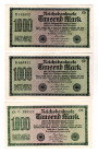 Germany - Weimar Republic 3 x 1000 Mark 1922
P# 76a, N# 202207; VF-UNC
