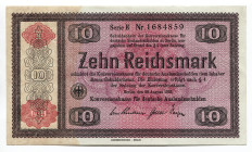 Germany - Third Reich 10 Reichsmark 1934 Konversionskasse
P# 208, N# 301788; # E1684859; AUNC, With 2 Pinholes