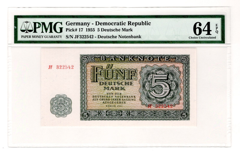Germany - DDR 5 Mark 1955 PMG 64 EPQ
P# 17, # JF 322542; UNC