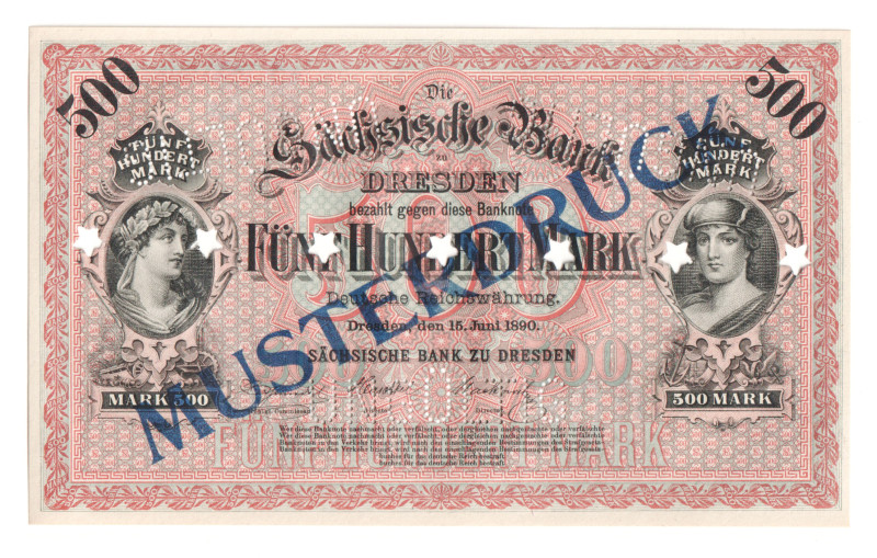 Germany - Empire Sachsen 500 Mark 1890 Specimen
P# S953as, UNC
