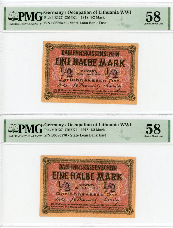 Germany - Empire Kowno 2 x 1/2 Mark 1918 Consecutive Numbers PMG 58
P# R127, N#...